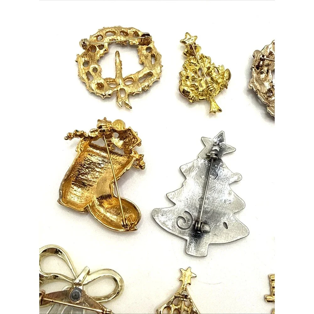 Vintage Rhinestone Enamel Christmas Brooches Trees Bells Wreaths Stockings 12 Pc